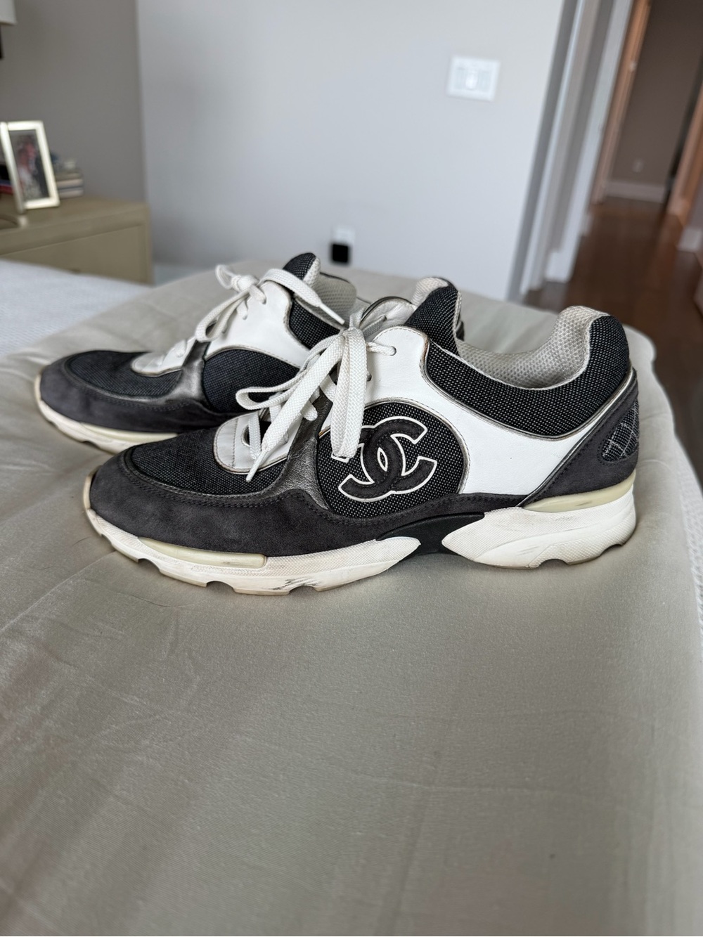 CHANEL Dark Grey and White Interlocking CC Sneakers